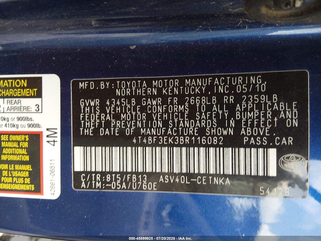 4T4BF3EK3BR116082 2011 TOYOTA CAMRY photo no. 9