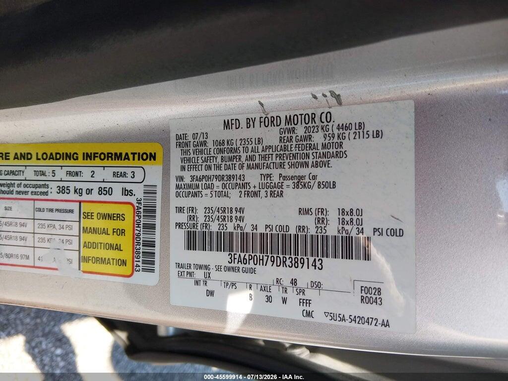 3FA6P0H79DR389143 2013 FORD FUSION photo no. 9