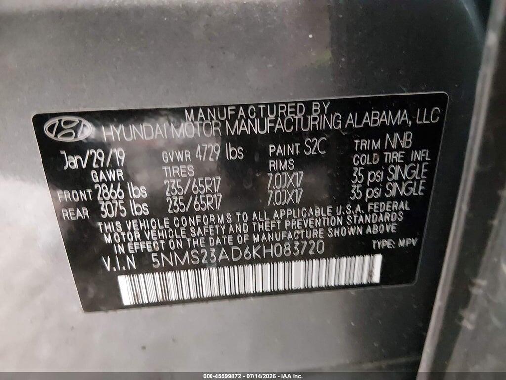 5NMS23AD6KH083720 2019 HYUNDAI SANTA FE photo no. 9