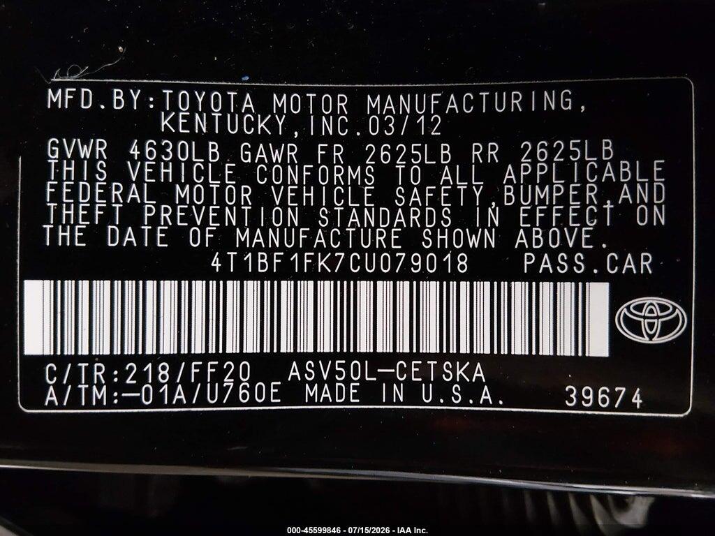 4T1BF1FK7CU079018 2012 TOYOTA CAMRY photo no. 9