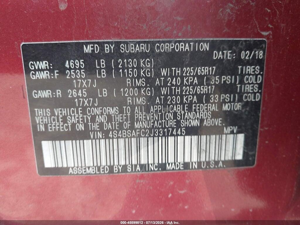 4S4BSAFC2J3317445 2018 SUBARU OUTBACK photo no. 9