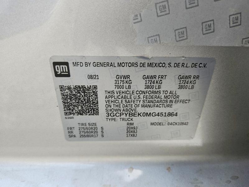 3GCPYBEK0MG451864 2021 CHEVROLET SILVERADO 1500 HIGH photo no. 12