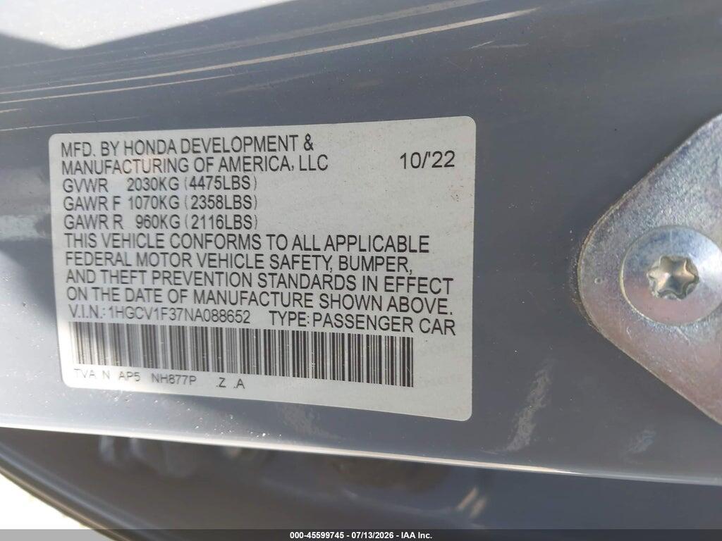 1HGCV1F37NA088652 2022 HONDA ACCORD photo no. 9