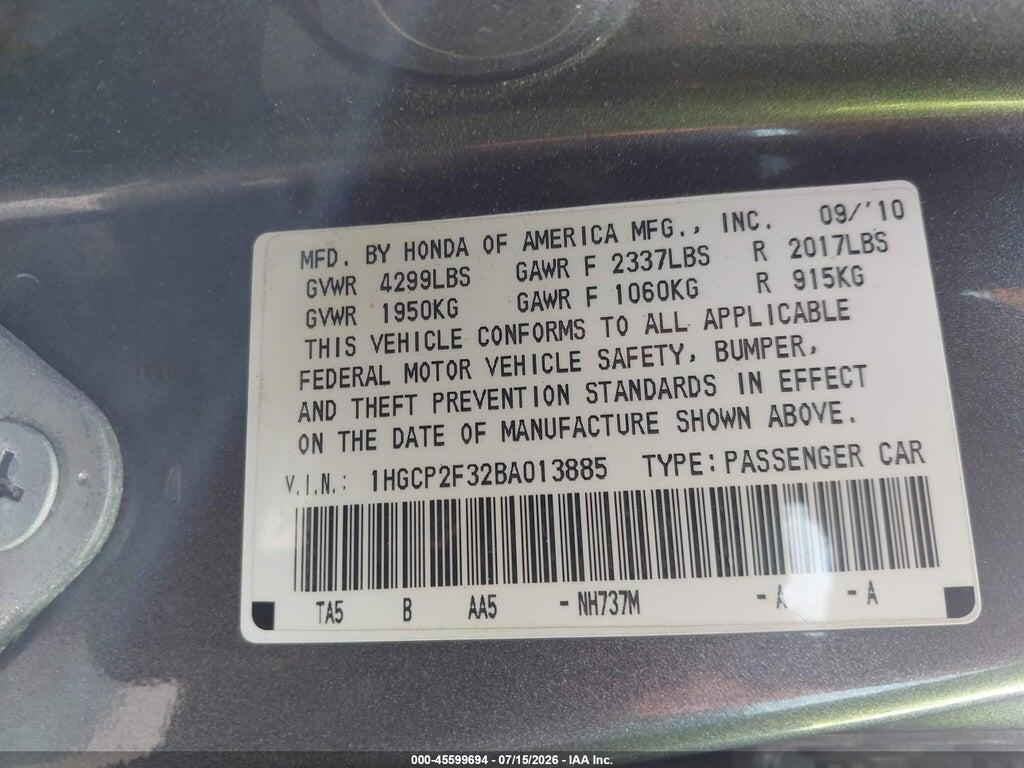1HGCP2F32BA013885 2011 HONDA ACCORD photo no. 9