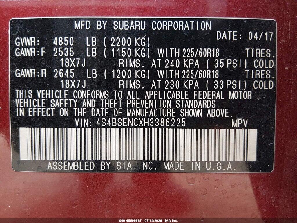 4S4BSENCXH3386225 2017 SUBARU OUTBACK photo no. 9