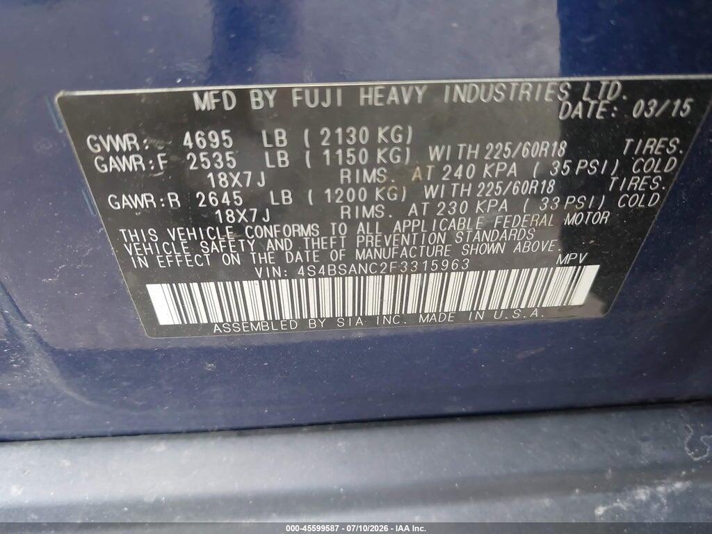 4S4BSANC2F3315963 2015 SUBARU OUTBACK photo no. 9
