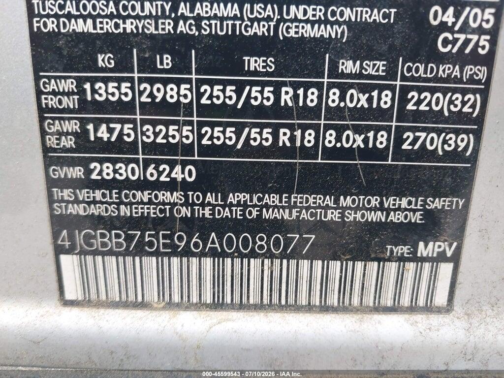 4JGBB75E96A008077 2006 MERCEDES-BENZ ML 500 photo no. 9