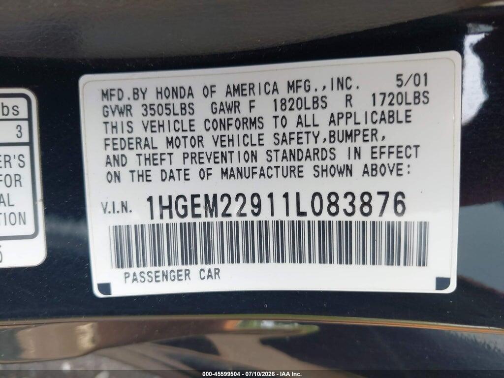 1HGEM22911L083876 2001 HONDA CIVIC photo no. 9