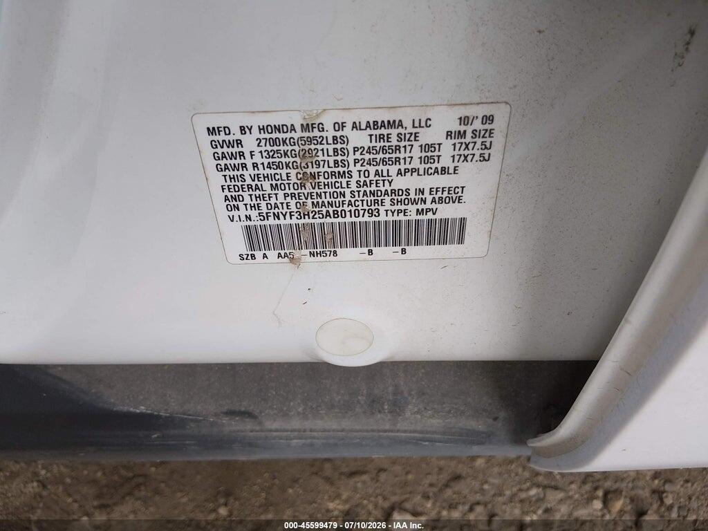 5FNYF3H25AB010793 2010 HONDA PILOT photo no. 9