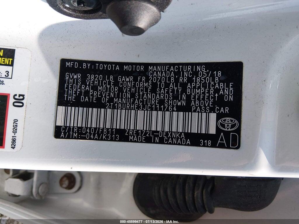 2T1BURHE3JC111764 2018 TOYOTA COROLLA photo no. 9