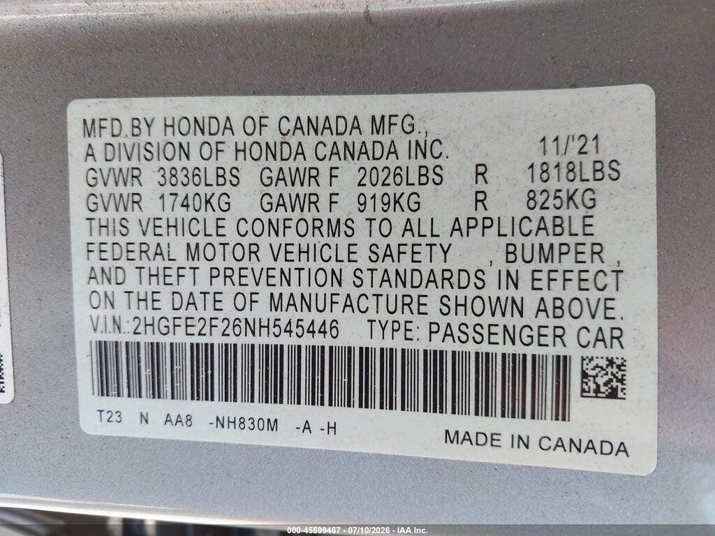 2HGFE2F26NH545446 2022 HONDA CIVIC photo no. 9