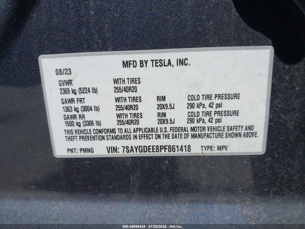 7SAYGDEE8PF861418 2023 TESLA MODEL Y photo no. 9