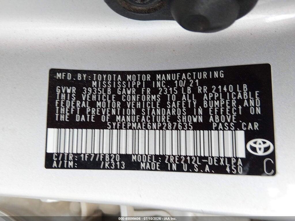 5YFEPMAE6NP287635 2022 TOYOTA COROLLA photo no. 9