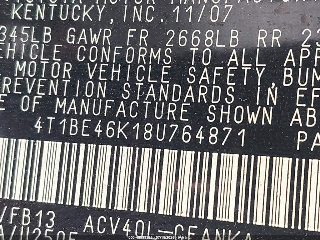 4T1BE46K18U764871 2008 TOYOTA CAMRY photo no. 9