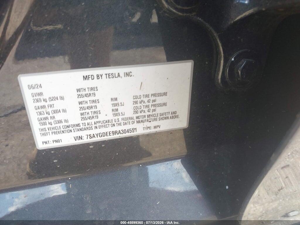 7SAYGDEE9RA304551 2024 TESLA MODEL Y photo no. 9