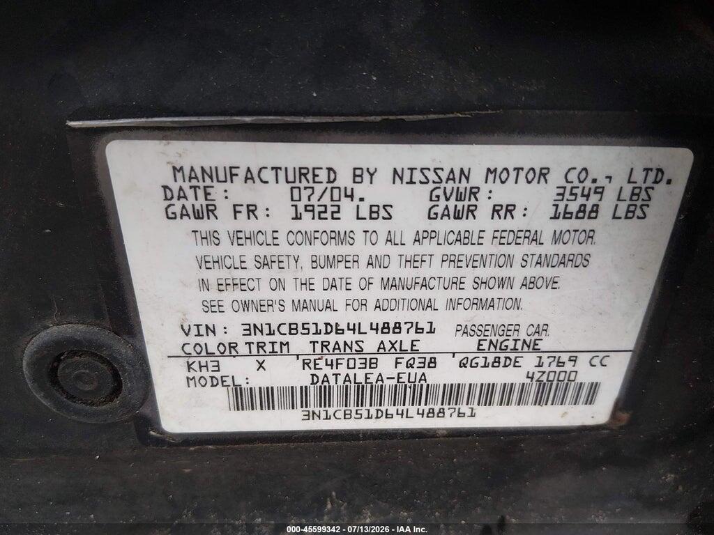 3N1CB51D64L488761 2004 NISSAN SENTRA photo no. 9
