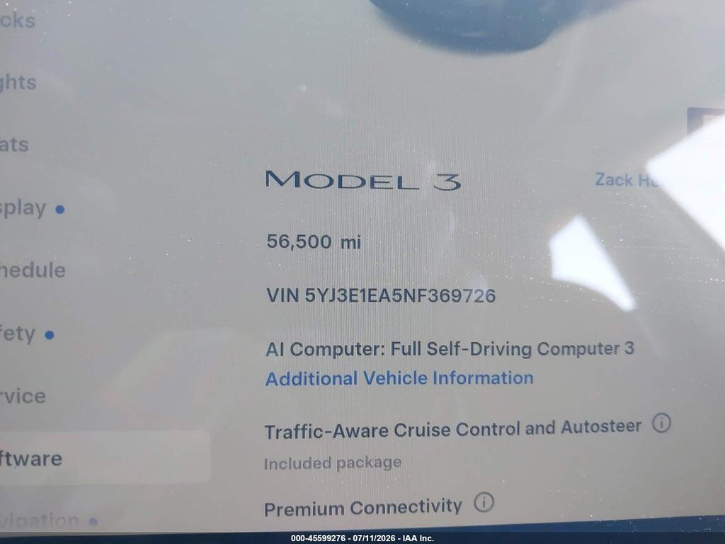 5YJ3E1EA5NF369726 2022 TESLA MODEL 3 photo no. 7