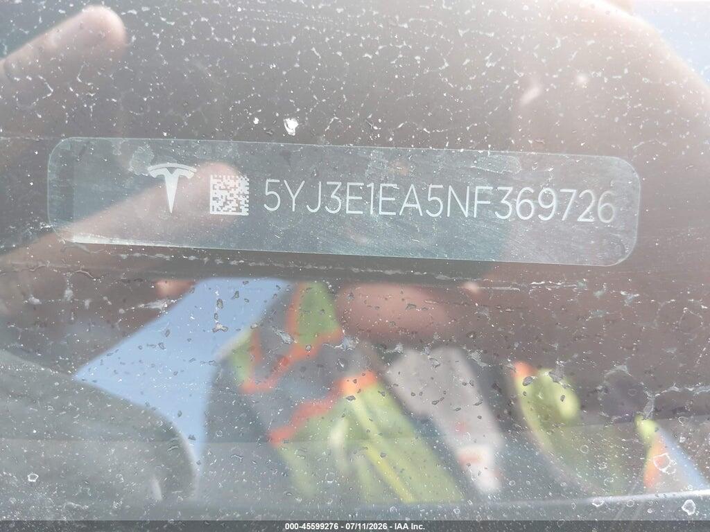 5YJ3E1EA5NF369726 2022 TESLA MODEL 3 photo no. 9