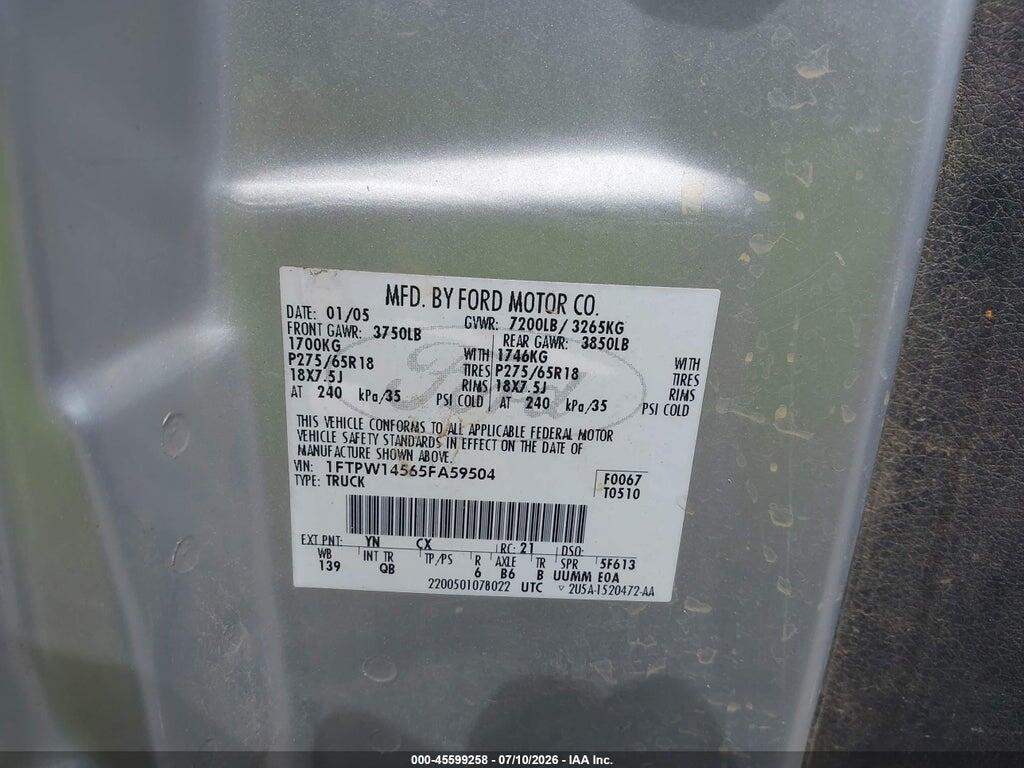 1FTPW14565FA59504 2005 FORD F-150 photo no. 9
