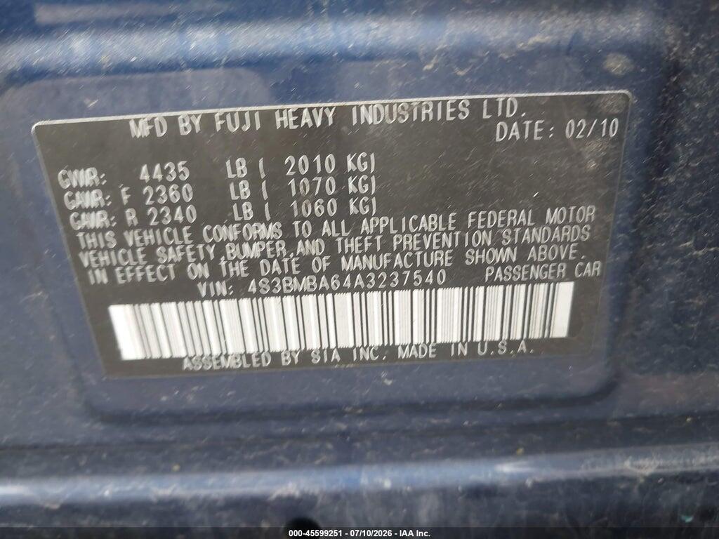 4S3BMBA64A3237540 2010 SUBARU LEGACY photo no. 9