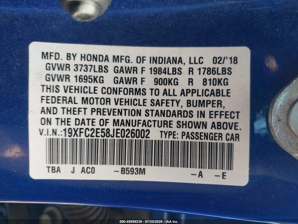 19XFC2E58JE026002 2018 HONDA CIVIC photo no. 9