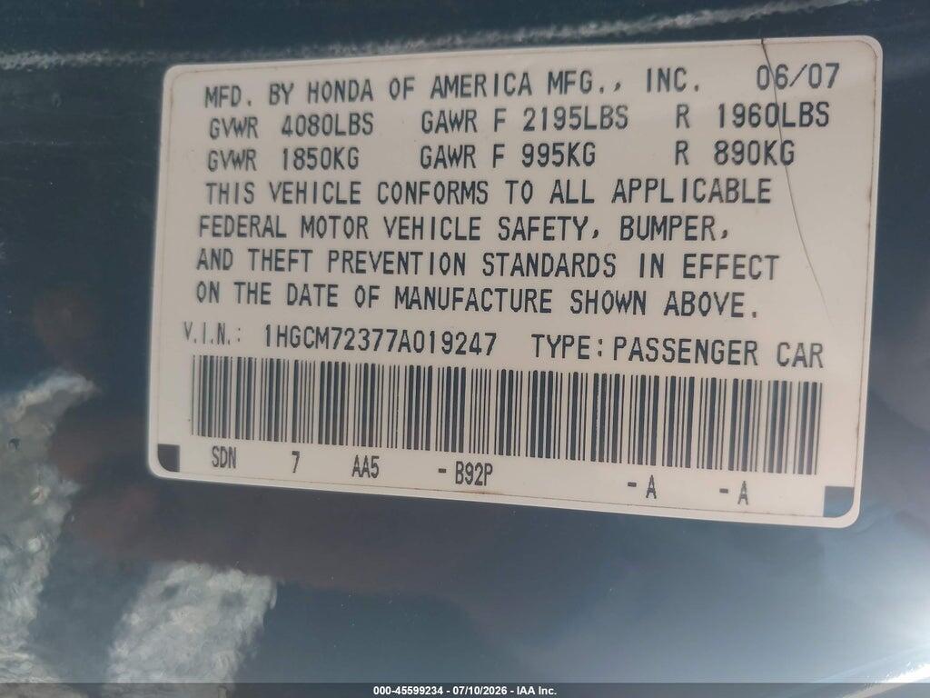 1HGCM72377A019247 2007 HONDA ACCORD photo no. 9