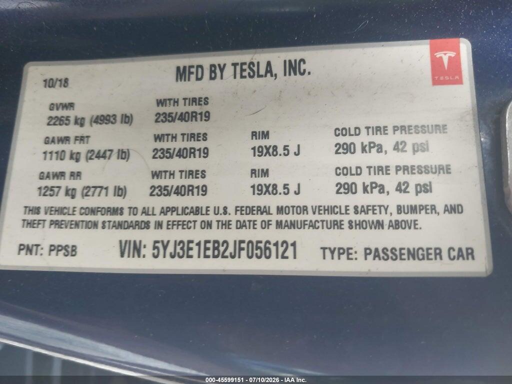 5YJ3E1EB2JF056121 2018 TESLA MODEL 3 photo no. 9