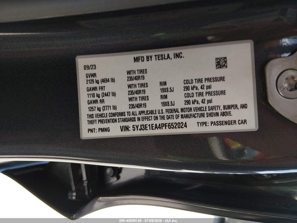 5YJ3E1EA4PF652024 2023 TESLA MODEL 3 photo no. 9