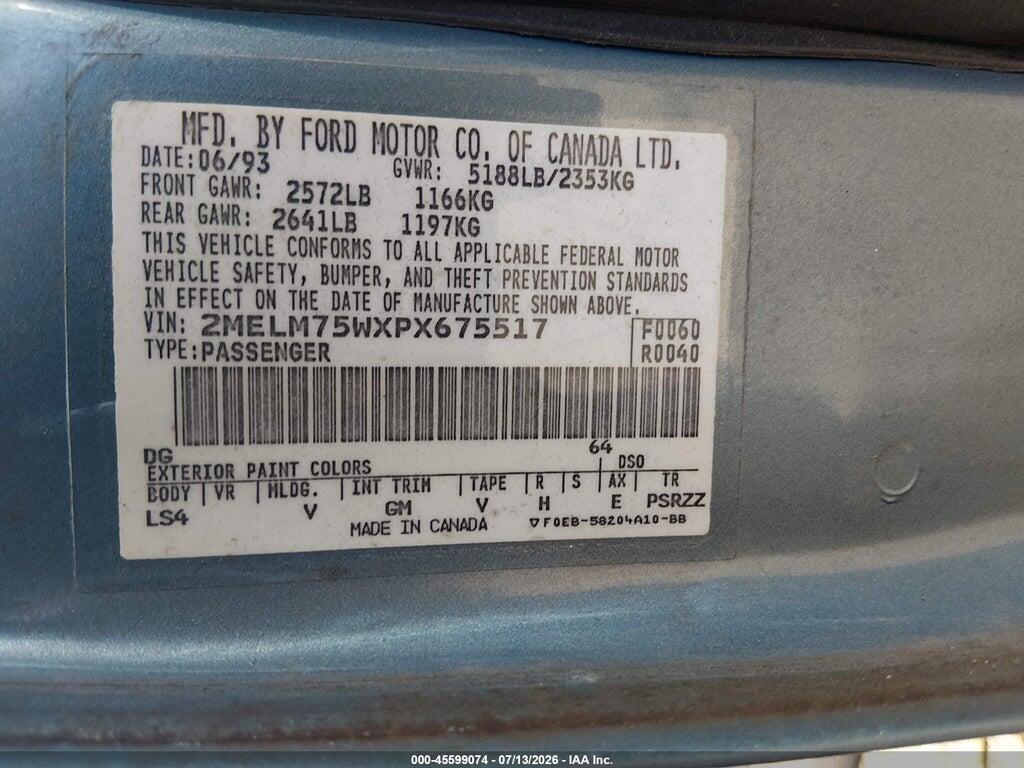 2MELM75WXPX675517 1993 MERCURY GRAND MARQUIS photo no. 9