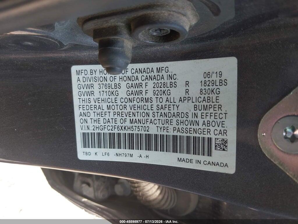 2HGFC2F6XKH575702 2019 HONDA CIVIC photo no. 9