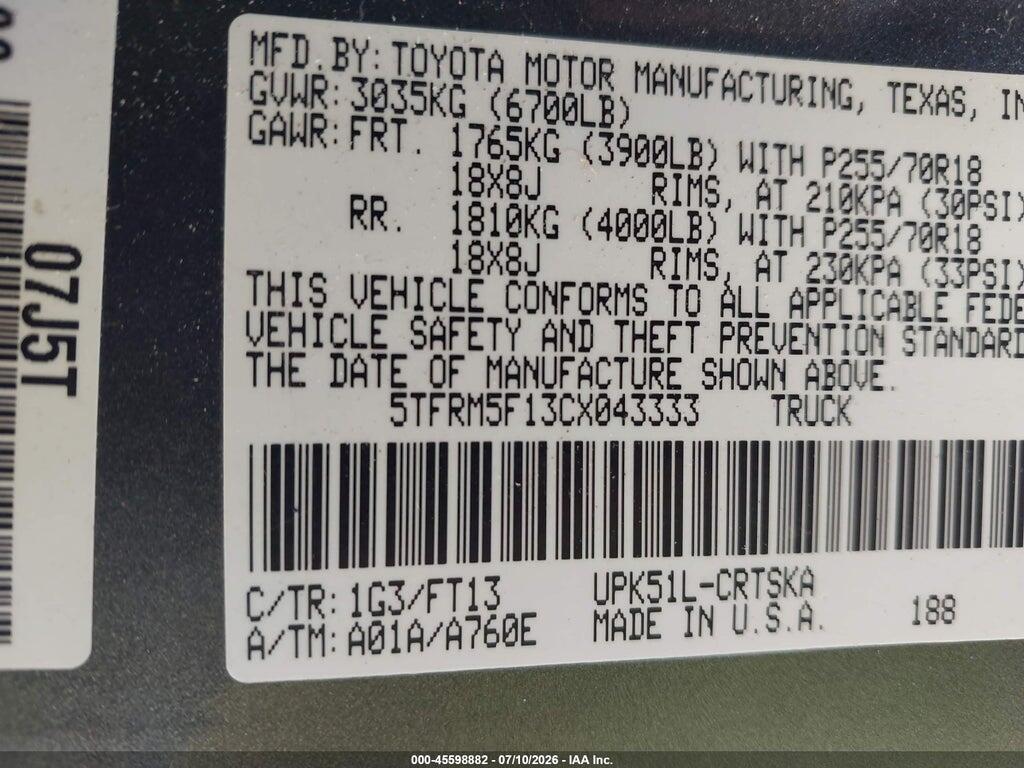 5TFRM5F13CX043333 2012 TOYOTA TUNDRA photo no. 9