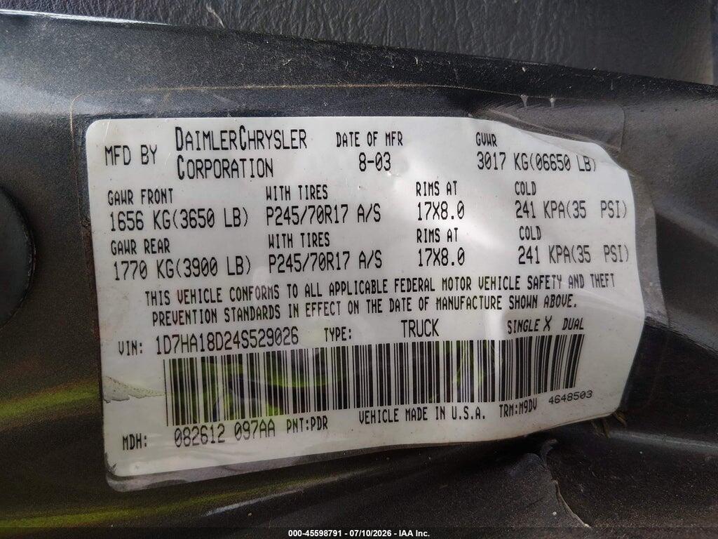 1D7HA18D24S529026 2004 DODGE RAM 1500 photo no. 9