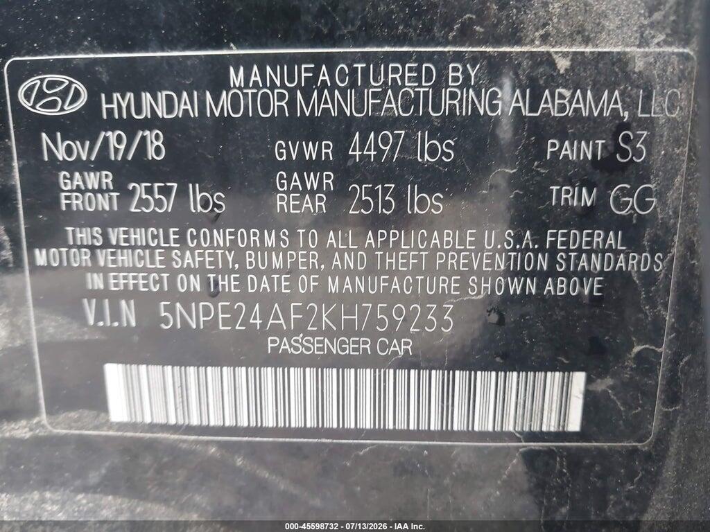 5NPE24AF2KH759233 2019 HYUNDAI SONATA photo no. 9