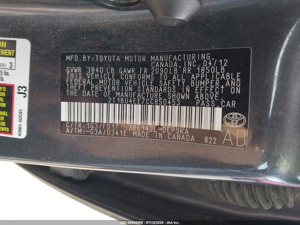 2T1BU4EE7CC850453 2012 TOYOTA COROLLA photo no. 9