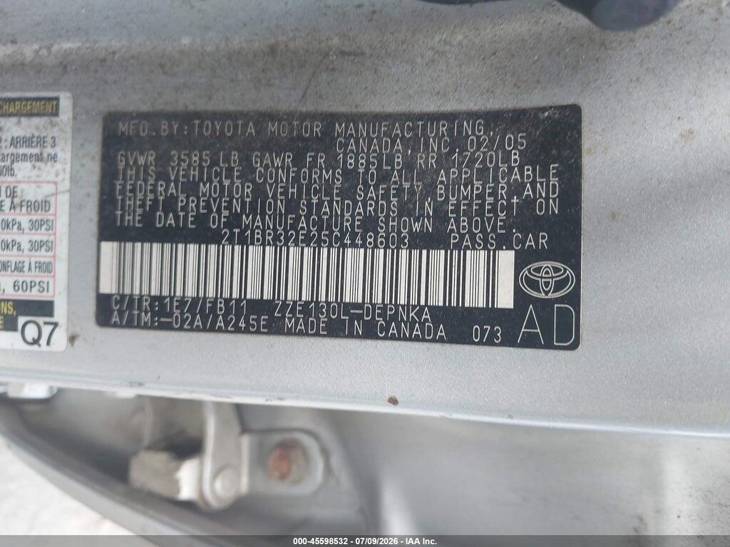 2T1BR32E25C448603 2005 TOYOTA COROLLA photo no. 9