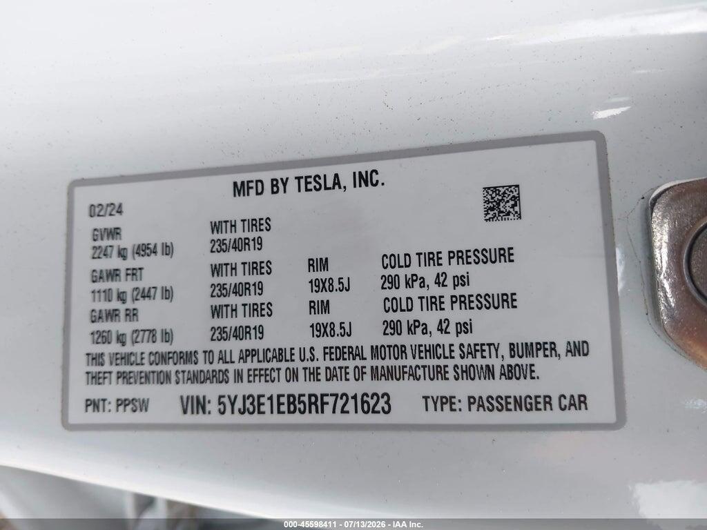 5YJ3E1EB5RF721623 2024 TESLA MODEL 3 photo no. 9