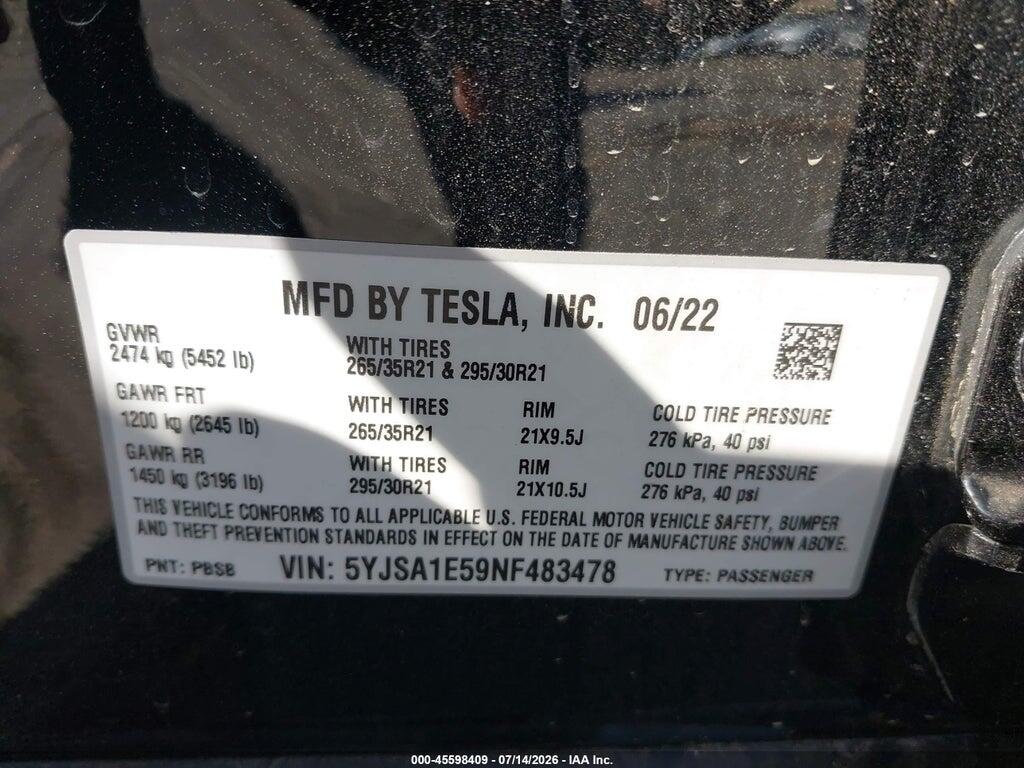 5YJSA1E59NF483478 2022 TESLA MODEL S photo no. 9