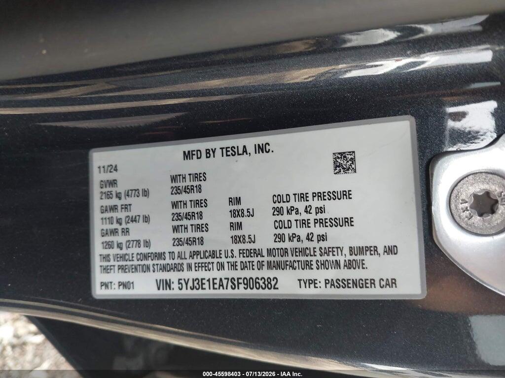 5YJ3E1EA7SF906382 2025 TESLA MODEL 3 photo no. 9