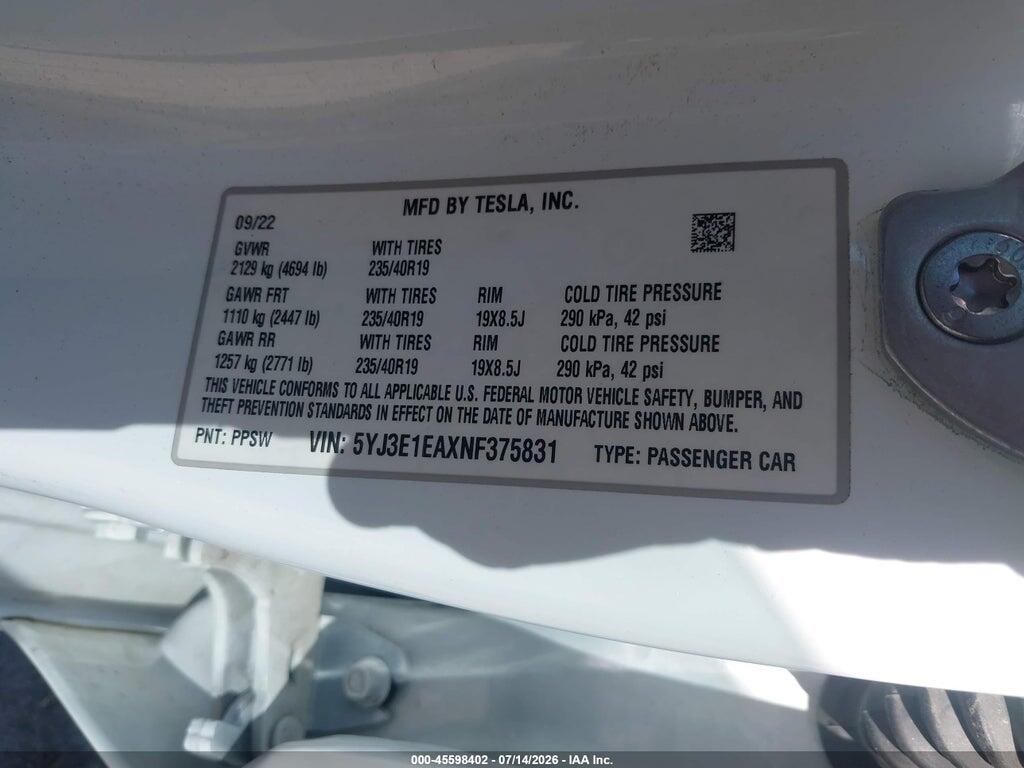5YJ3E1EAXNF375831 2022 TESLA MODEL 3 photo no. 9