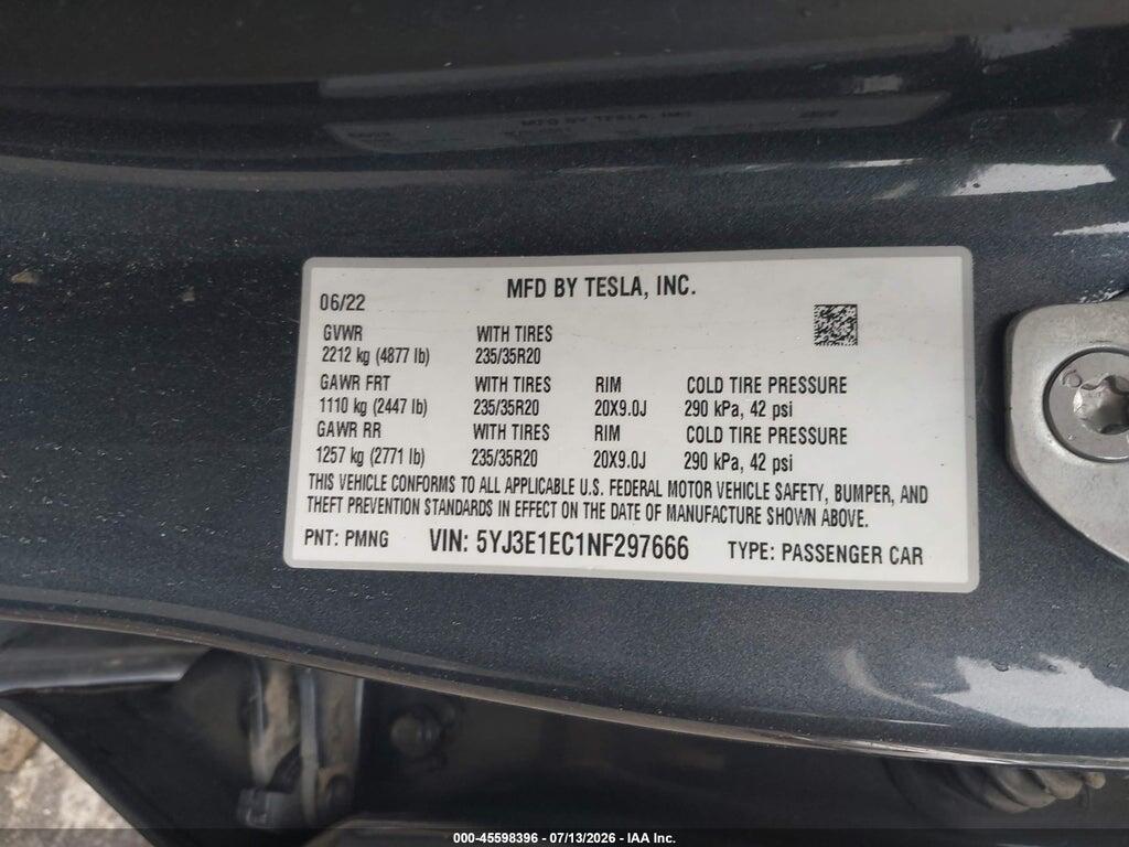 5YJ3E1EC1NF297666 2022 TESLA MODEL 3 photo no. 9