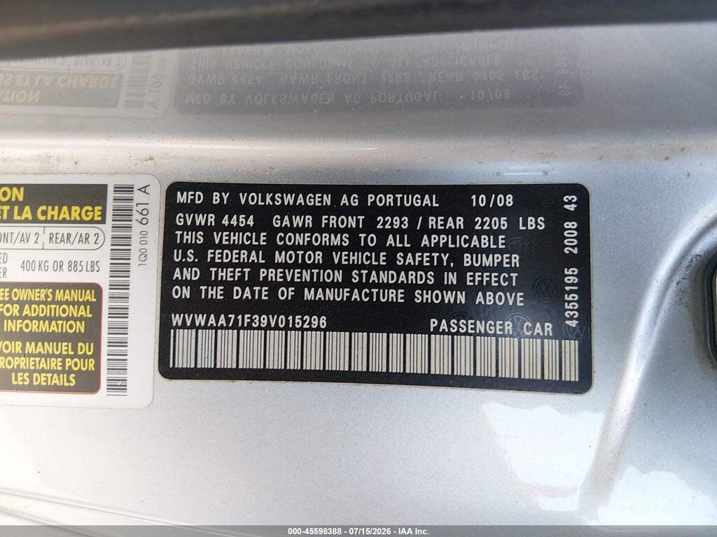 WVWAA71F39V015296 2009 VOLKSWAGEN EOS photo no. 9