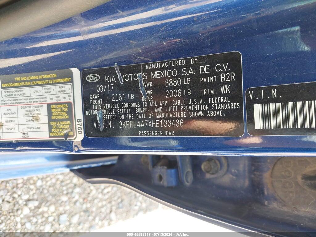 3KPFL4A7XHE133436 2017 KIA FORTE photo no. 9
