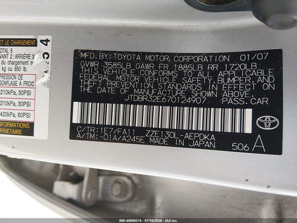 JTDBR32E670124907 2007 TOYOTA COROLLA photo no. 9