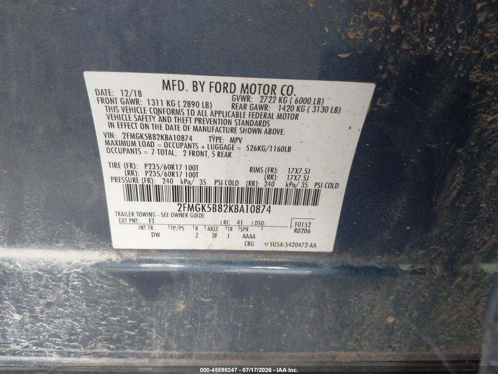2FMGK5B82KBA10874 2019 FORD FLEX photo no. 9