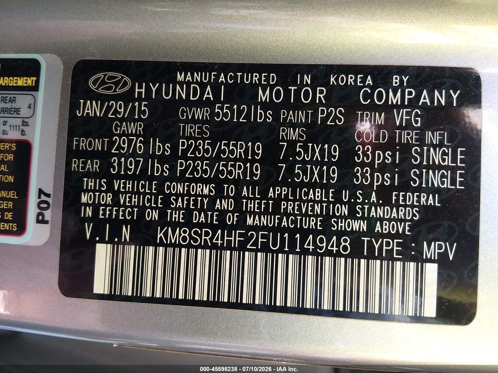 KM8SR4HF2FU114948 2015 HYUNDAI SANTA FE photo no. 9