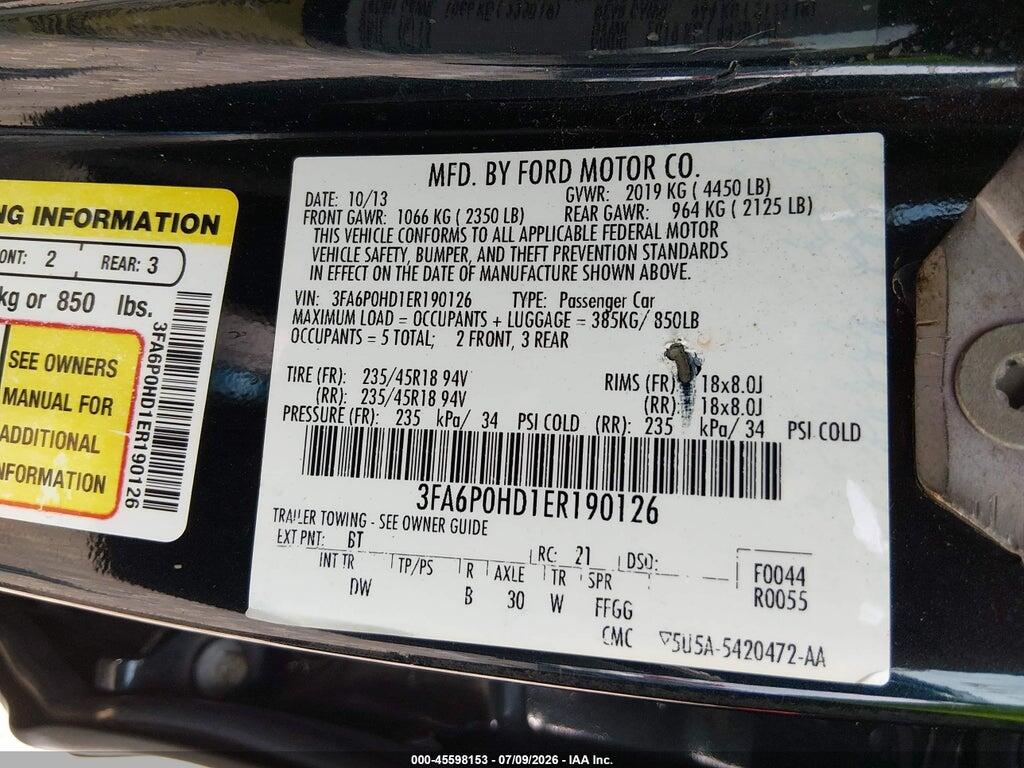 3FA6P0HD1ER190126 2014 FORD FUSION photo no. 9