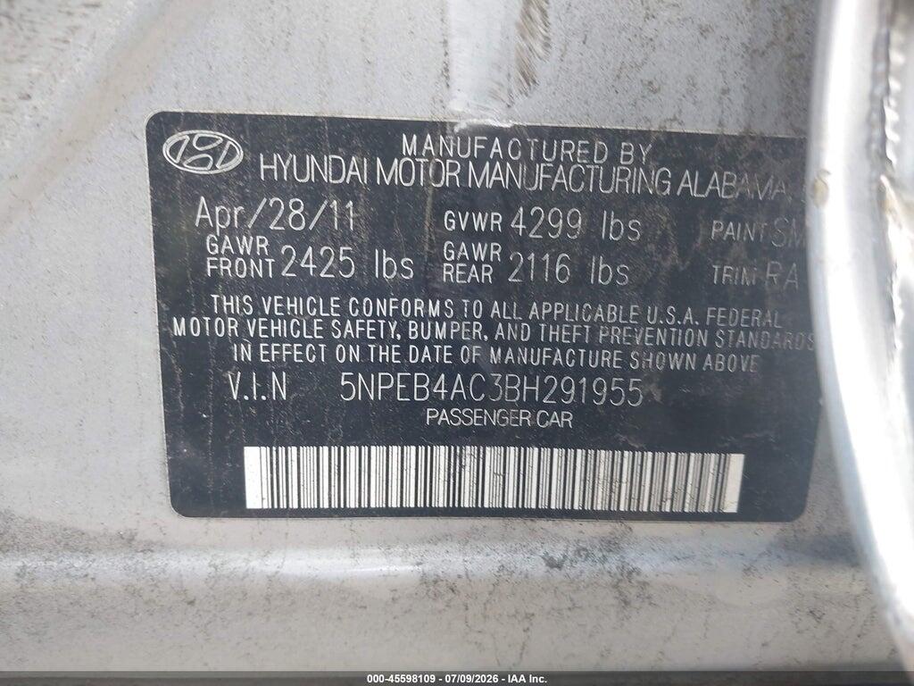 5NPEB4AC3BH291955 2011 HYUNDAI SONATA photo no. 9