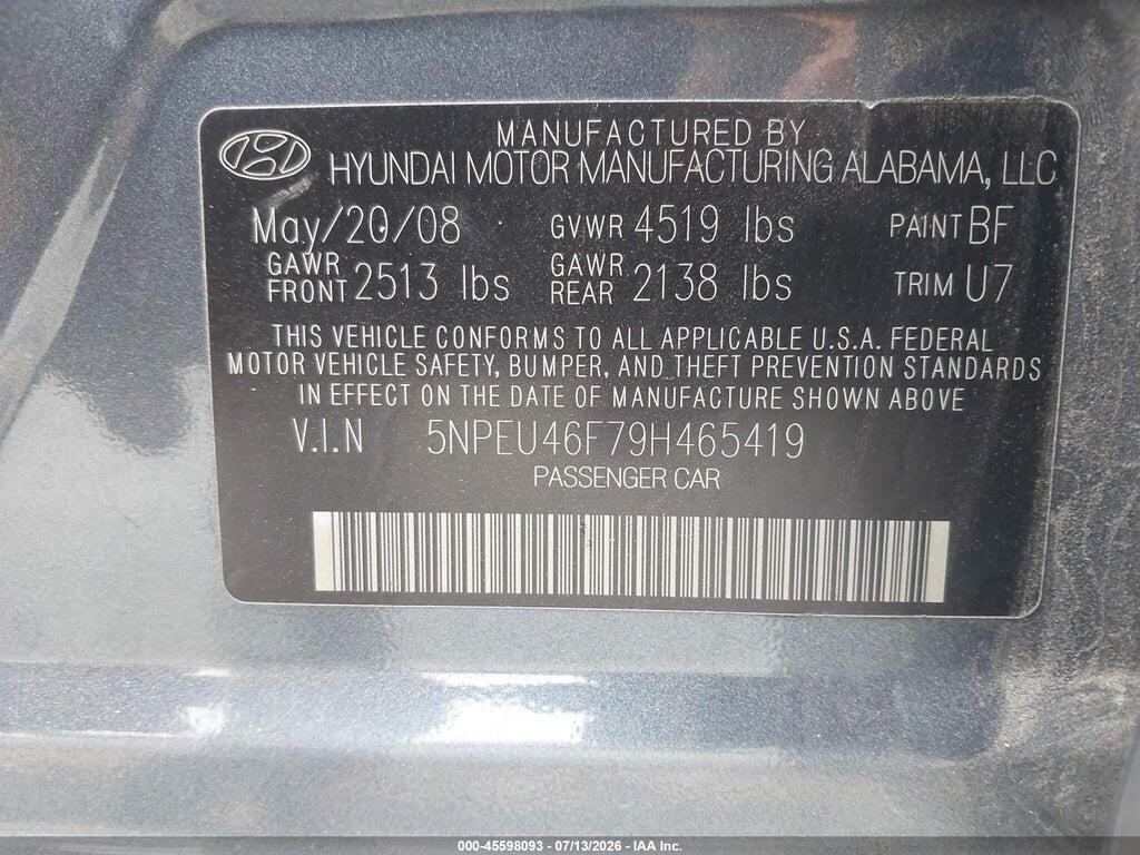 5NPEU46F79H465419 2009 HYUNDAI SONATA photo no. 9