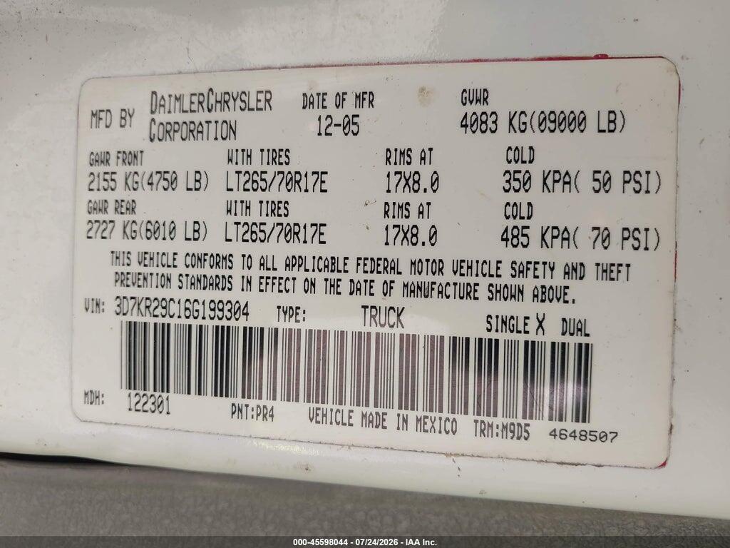 3D7KR29C16G199304 2006 DODGE RAM 2500 photo no. 9