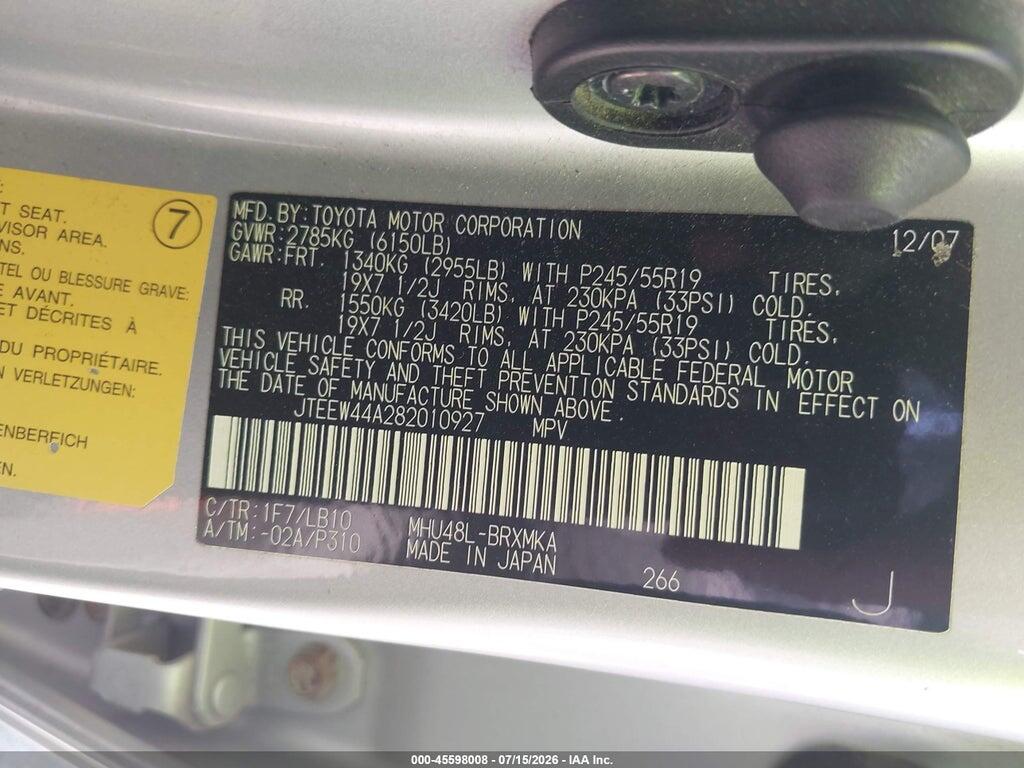 JTEEW44A282010927 2008 TOYOTA HIGHLANDER HYBRID photo no. 9